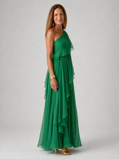 Elara One-Shoulder Chiffon Dress