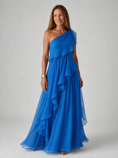 Elara One-Shoulder Chiffon Dress
