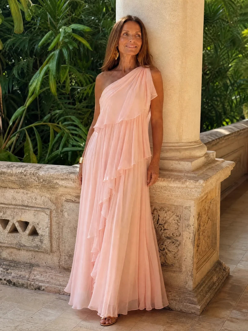 Elara One-Shoulder Chiffon Dress