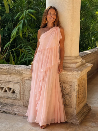 Elara One-Shoulder Chiffon Dress