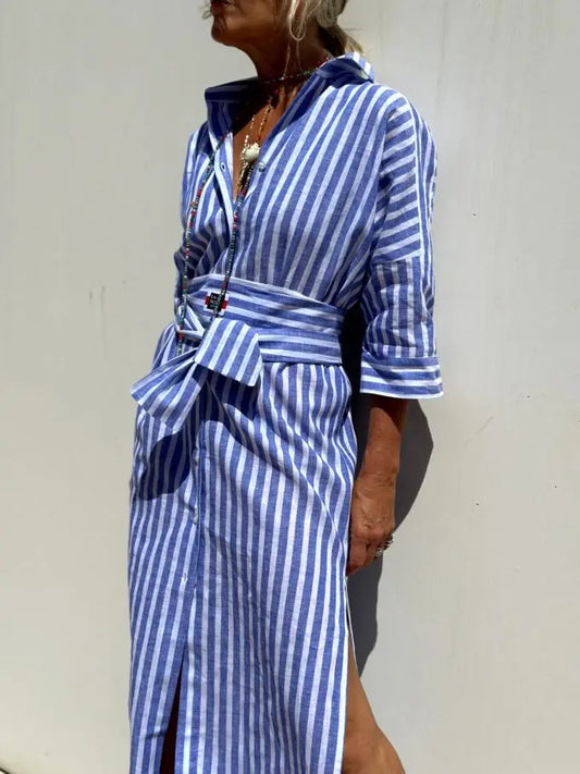 OLIVIA STRIPED MIDI SHIRT DRESS