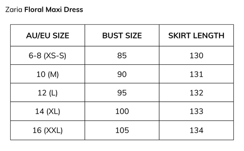 Size guide for Zaria Floral Maxi Dress